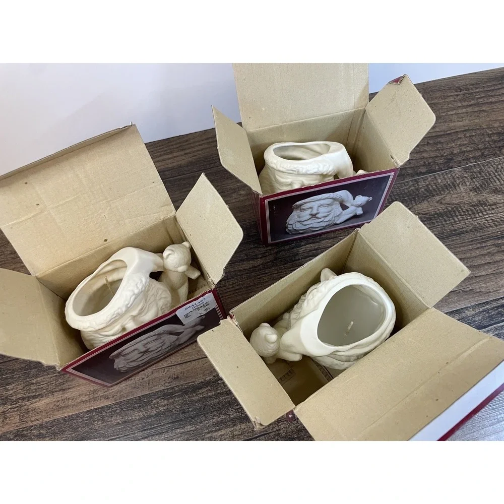 Vintage Lot of 3 Bisque Candle Light Christmas Santa Claus in Boxes Unpainted